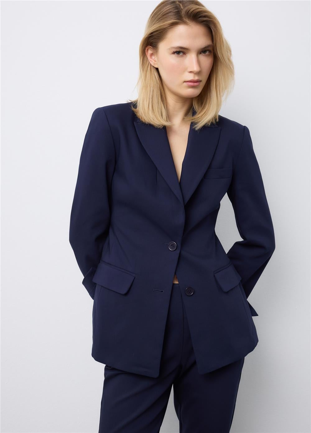 Dar Kesim Esnek Pamuklu Mavi Blazer Ceket