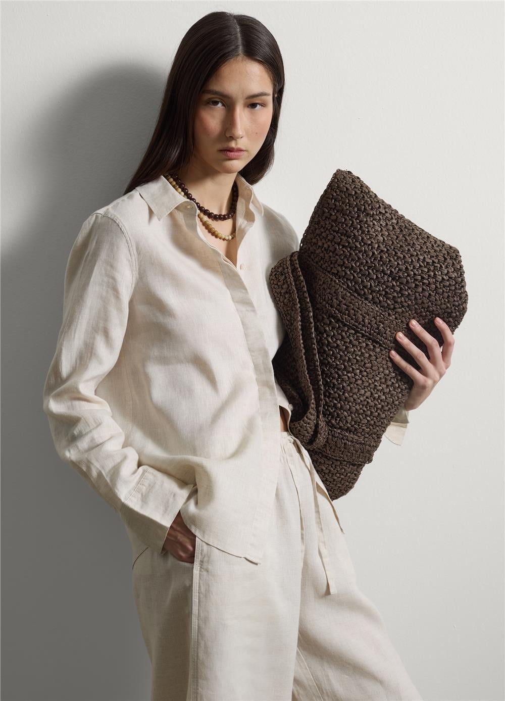 Bej Saf Keten Regular Kalıp Uzun Kollu Gömlek