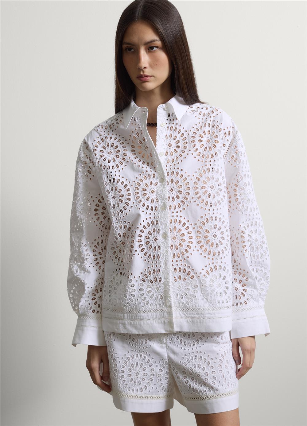 Beyaz Pamuk Broderie Anglaise Oversize Gömlek