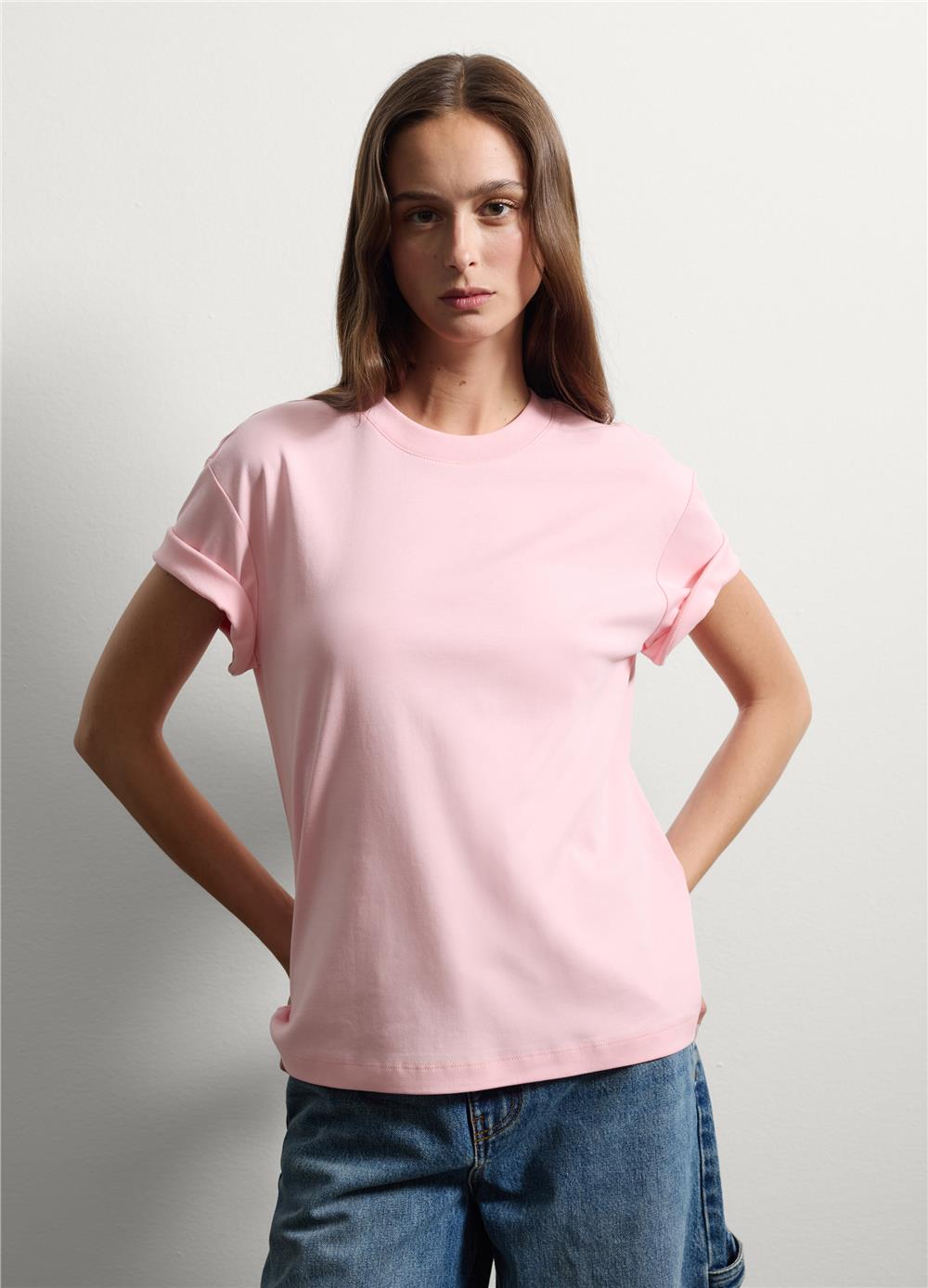 Pembe Saf Pamuklu Düz Kesim Tişört
