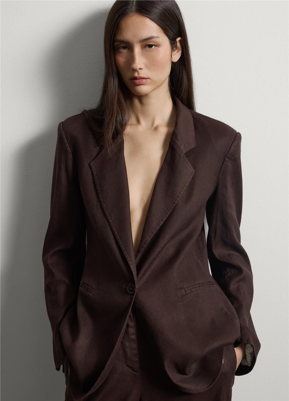 Kahverengi Keten Karışımlı Regular Kalıp Blazer Ceket