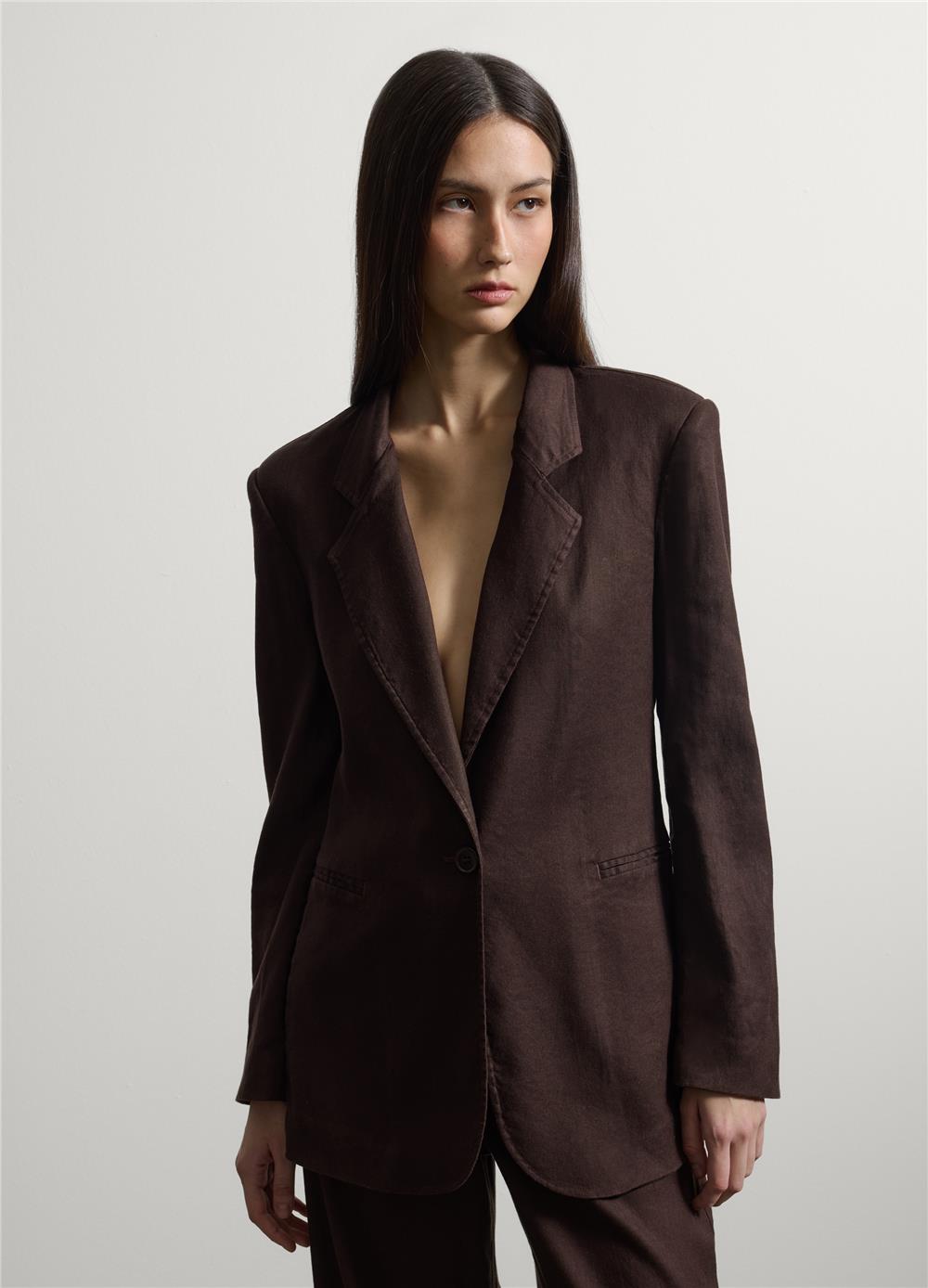 Kahverengi Keten Karışımlı Regular Kalıp Blazer Ceket