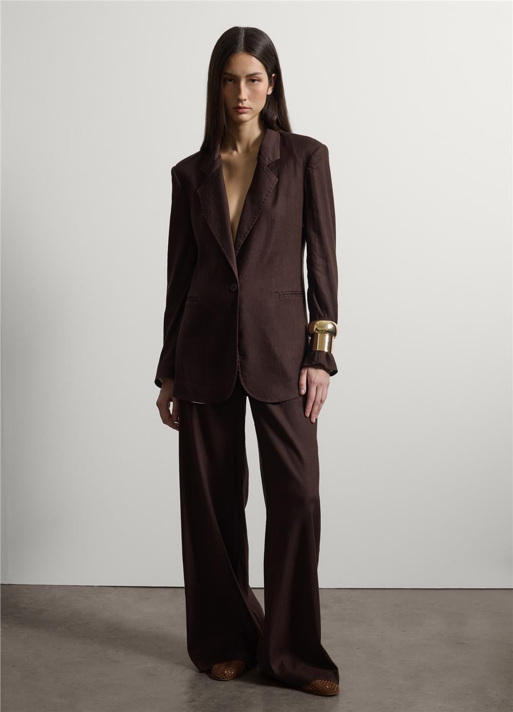 Kahverengi Keten Karışımlı Regular Kalıp Blazer Ceket