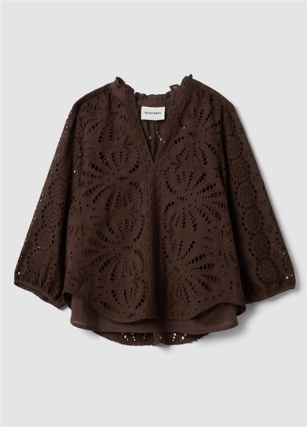 Kahverengi Pamuk Broderie Anglaise Bluz