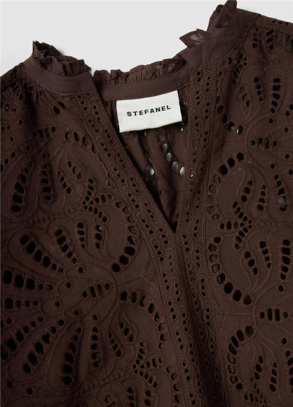Kahverengi Pamuk Broderie Anglaise Bluz