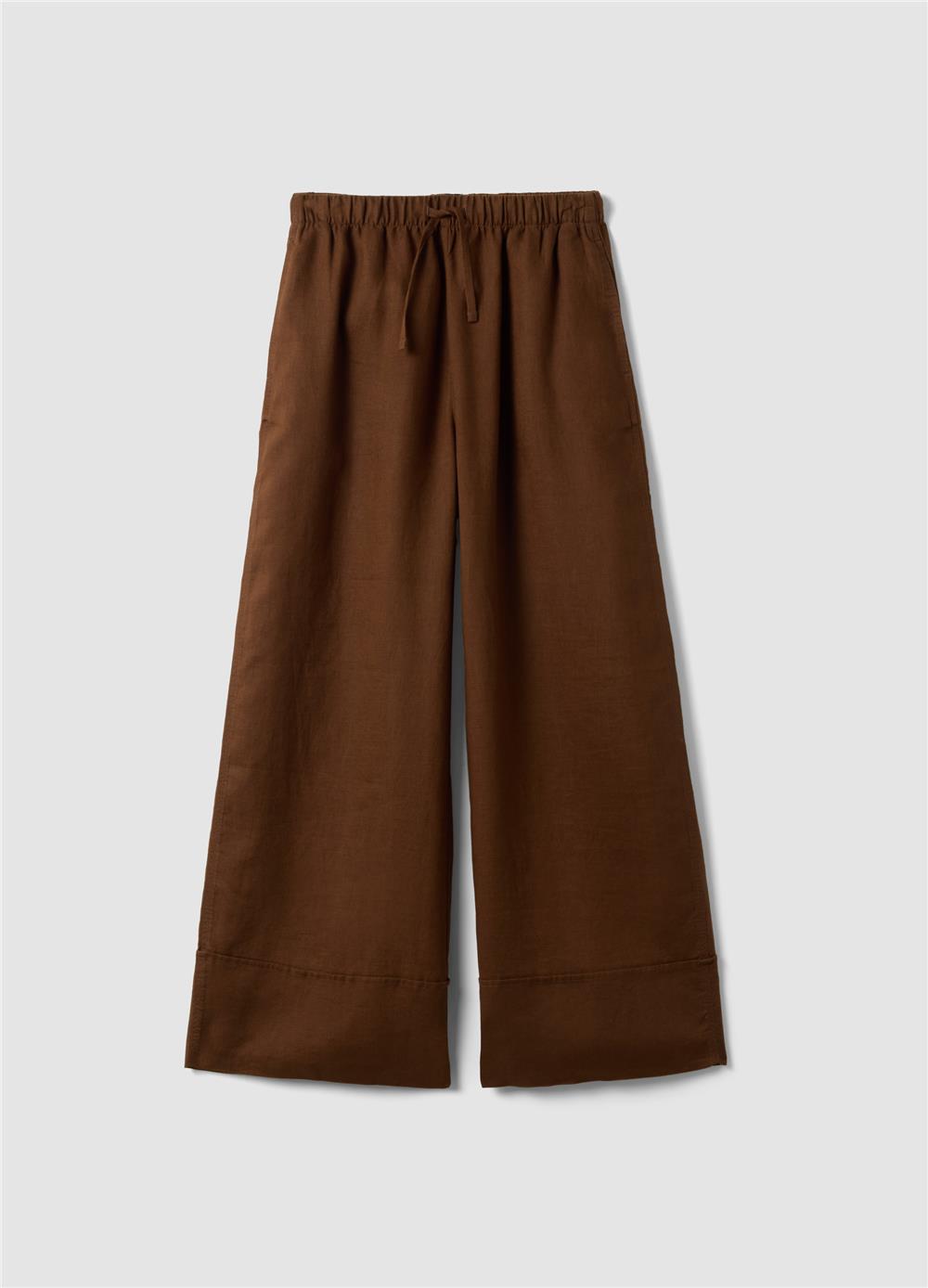 Kahverengi Saf Keten Bol Paça Jogger Pantolon