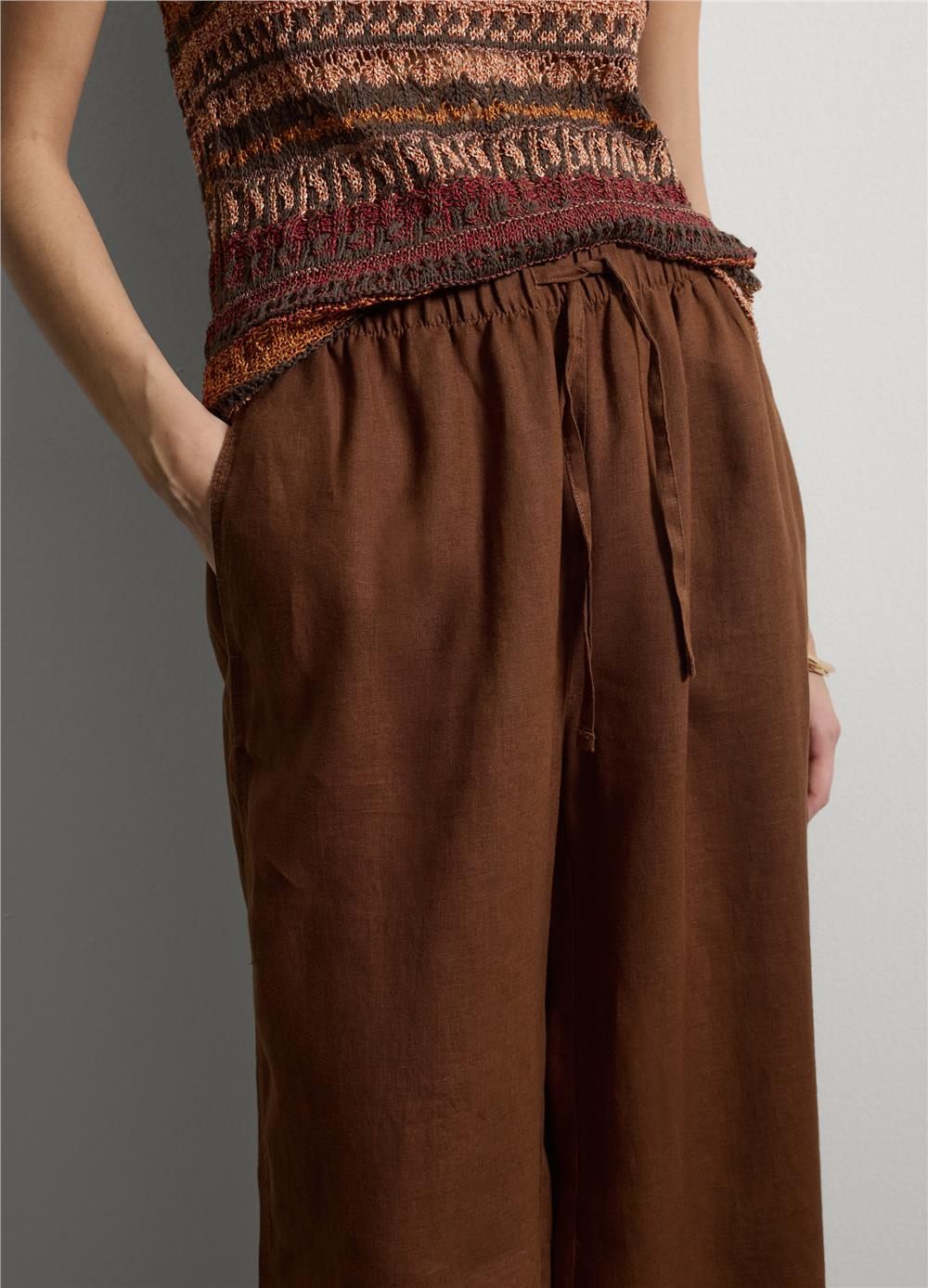 Kahverengi Saf Keten Bol Paça Jogger Pantolon