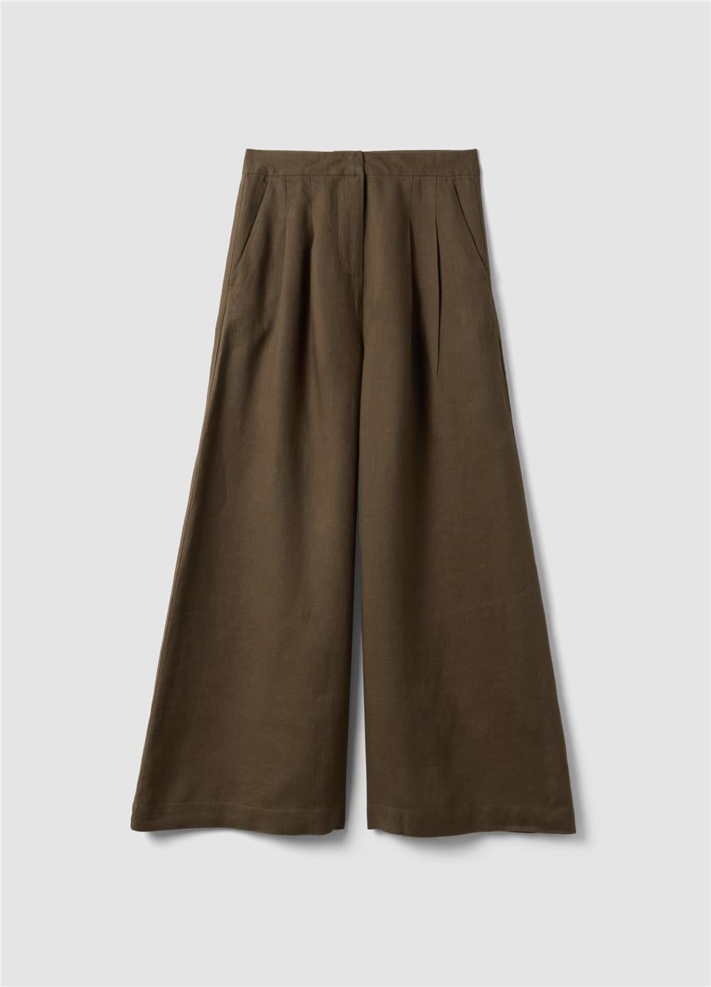 Kahverengi Saf Keten Bol Paça Pantolon