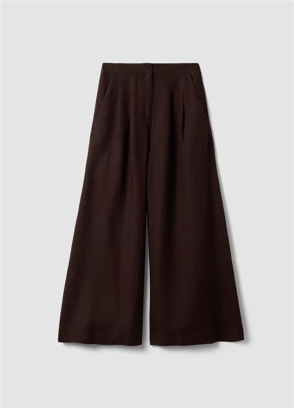 Koyu Kahverengi Saf Keten Bol Paça Pantolon