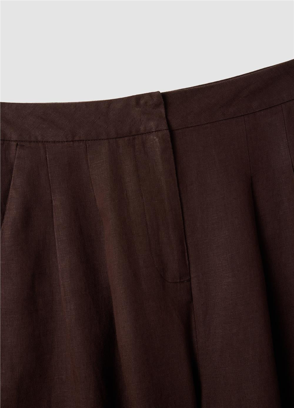 Koyu Kahverengi Saf Keten Bol Paça Pantolon