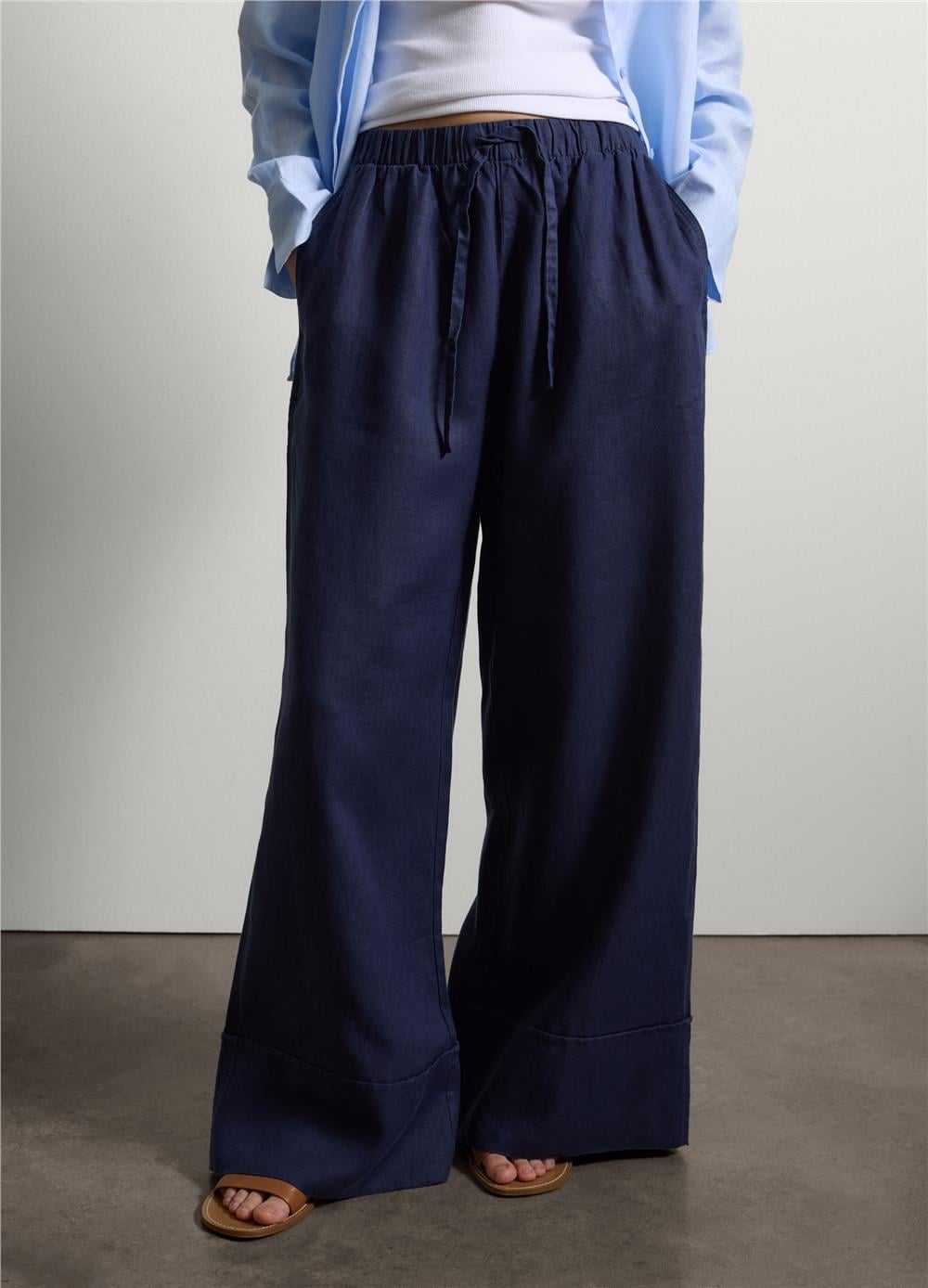 Mavi Saf Keten Bol Paça Jogger Pantolon