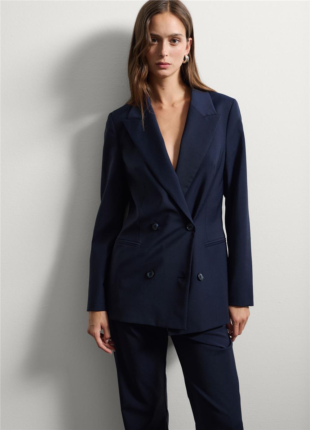 Mavi yün karışımlı oversize blazer ceket