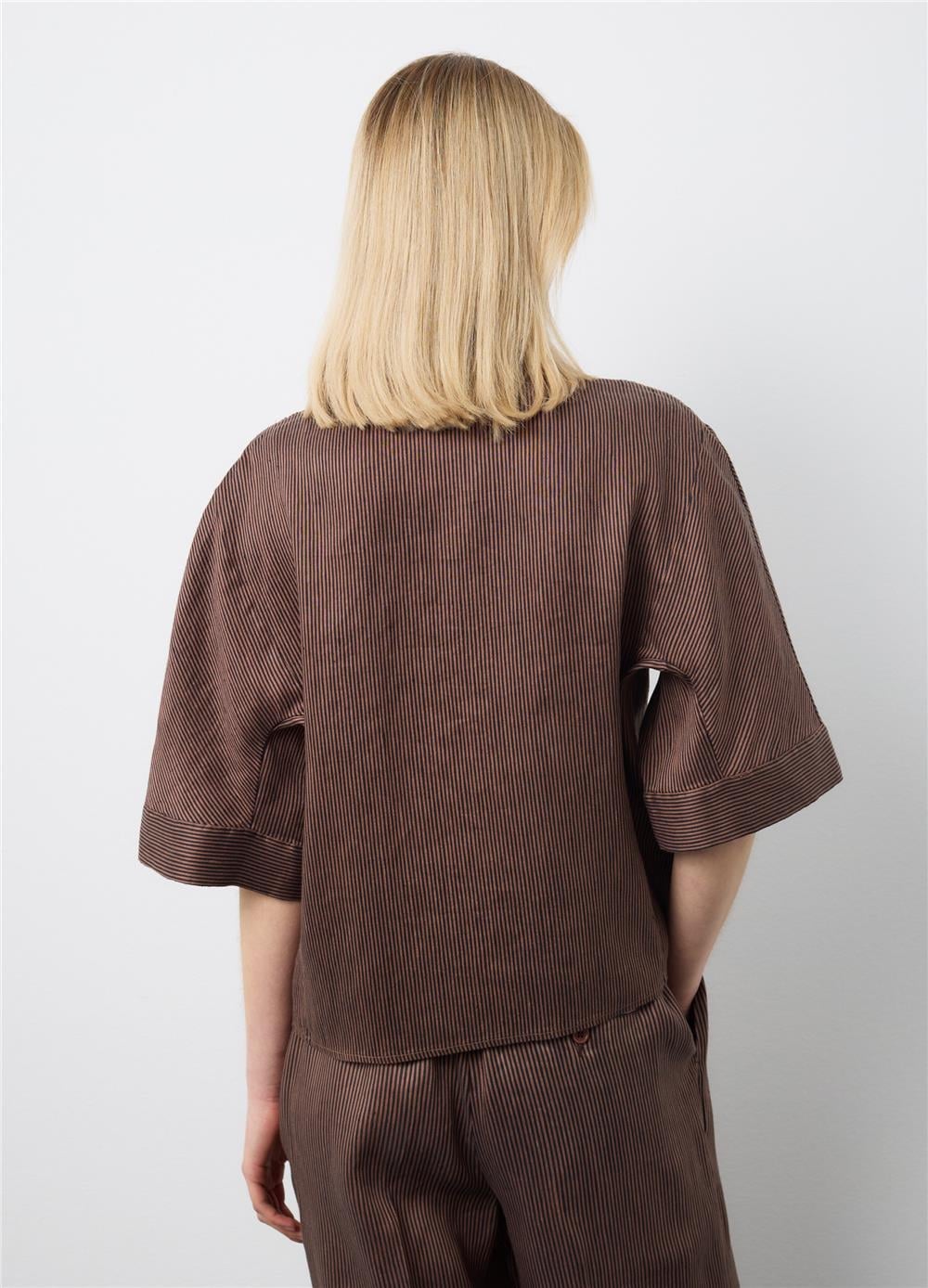 Oversize Kahverengi Keten Karışımlı Gömlek