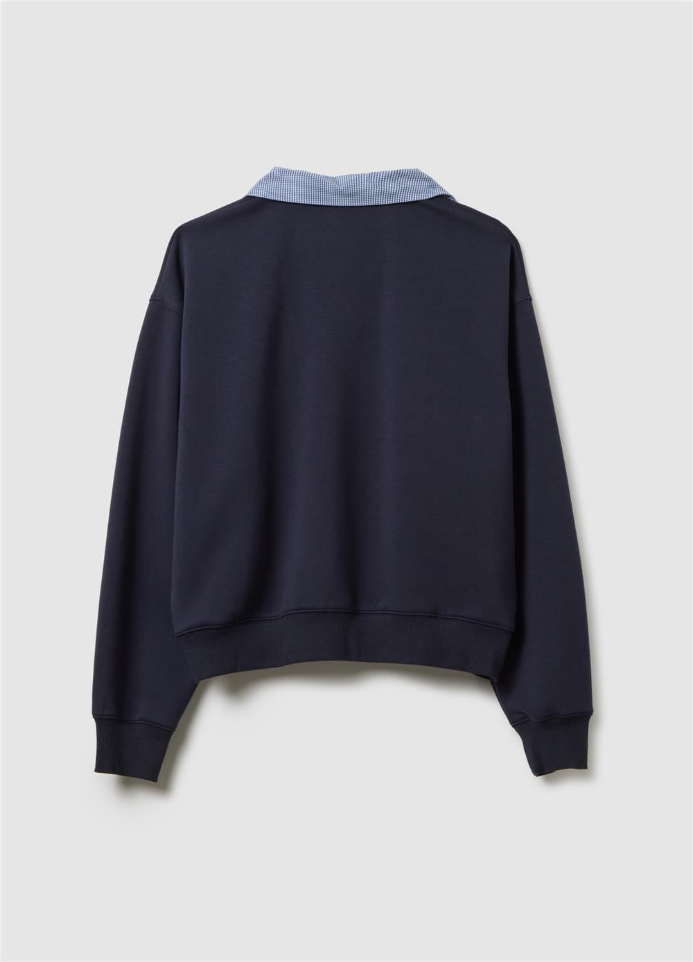 Regular Kalıp Pamuk Kontrast Yakalı Mavi Sweatshirt