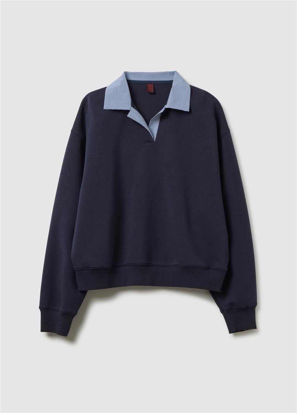 Regular Kalıp Pamuk Kontrast Yakalı Mavi Sweatshirt