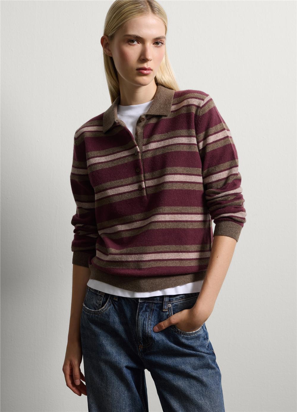Saf Kaşmirden Kahverengi Çizgili Kazak