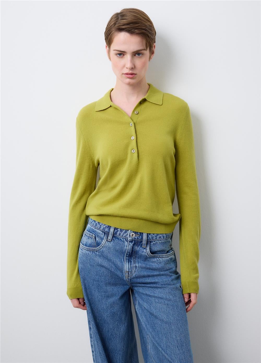 Yeşil Saf Yün Polo Yaka Regular Fit Kazak