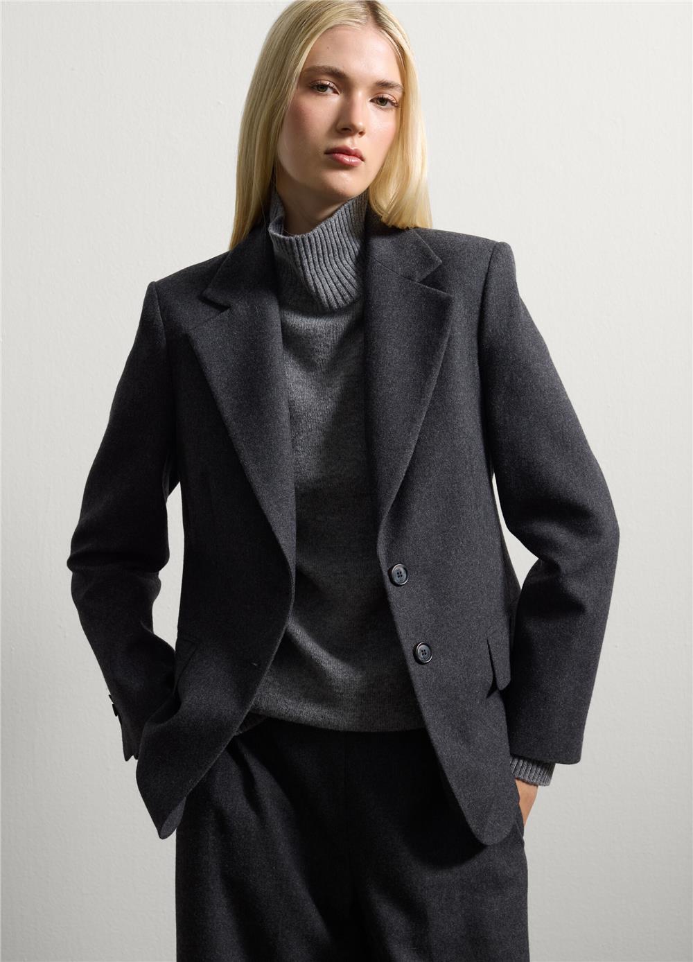 Yün Karışımlı Düz Kesim Blazer Ceket